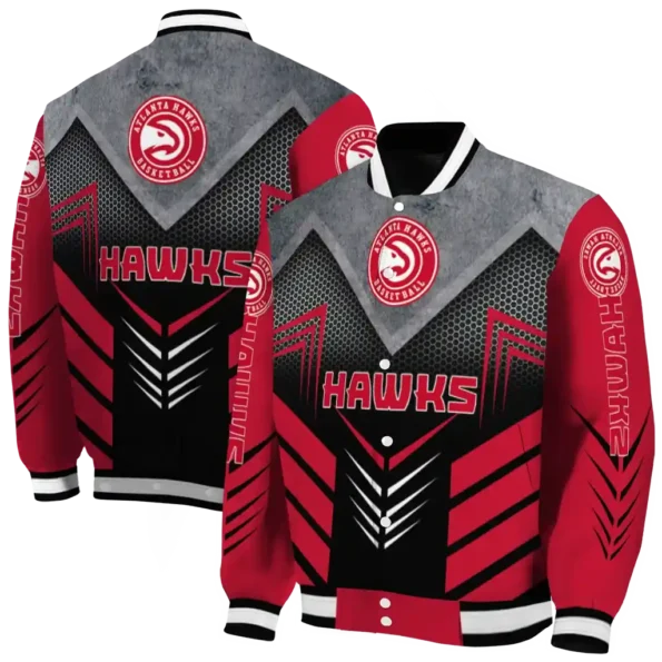 atlanta hawks arrow layer red black varsity jacket fashion forward.webp