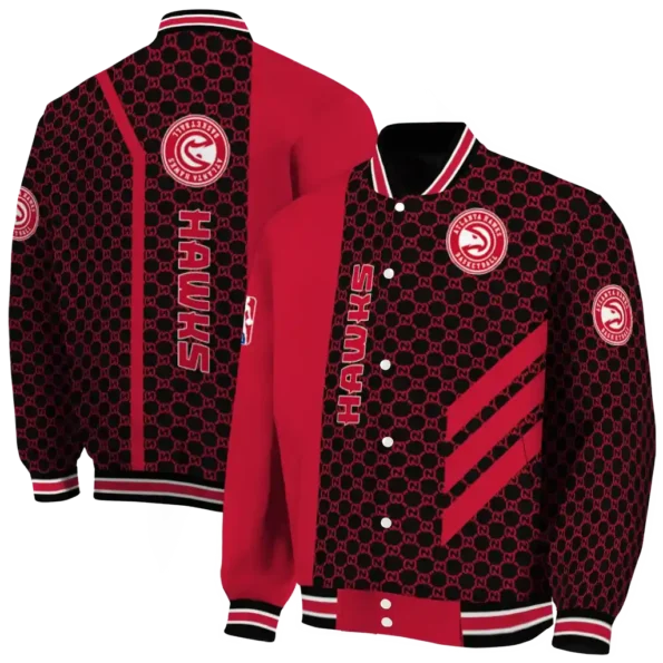 atlanta hawks triple side stripes red black varsity jacket fashion forward.webp