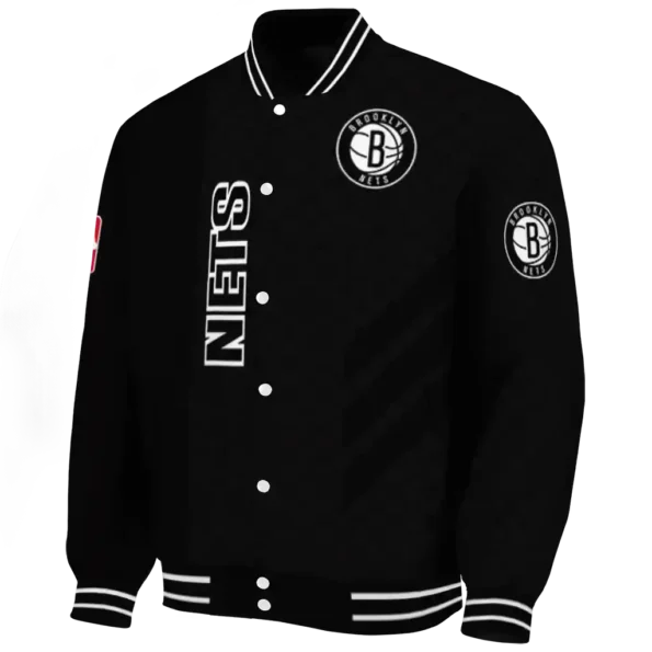 brooklyn nets triple side stripes black varsity jacket best selling.webp