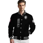 brooklyn nets triple side stripes black varsity jacket best selling.webp