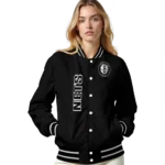brooklyn nets triple side stripes black varsity jacket best selling.webp