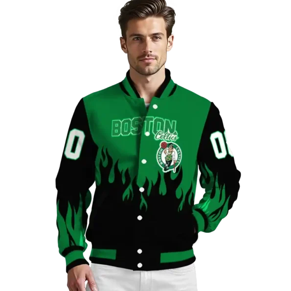 custom boston celtics flame border green black varsity jacket high quality.webp