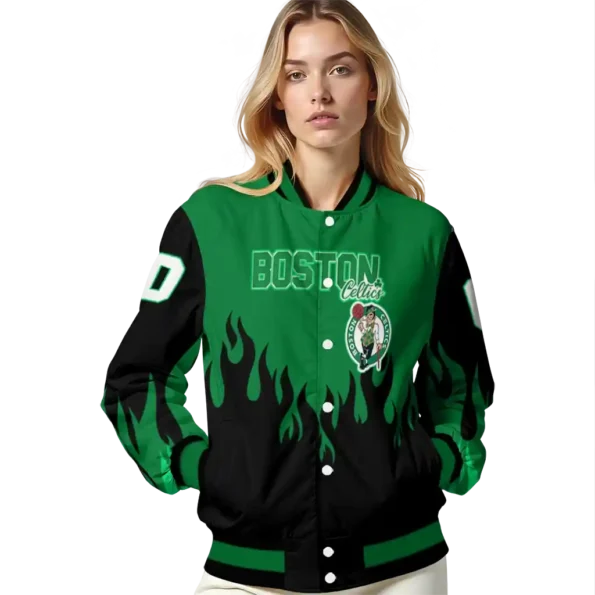 custom boston celtics flame border green black varsity jacket latest model.webp
