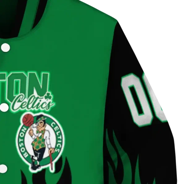 custom boston celtics flame border green black varsity jacket premium grade.webp