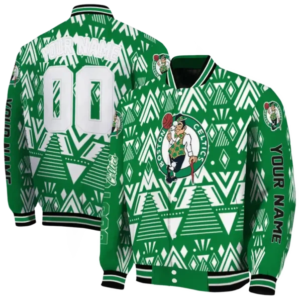 custom boston celtics pyramid shapes green varsity jacket fashion forward.webp