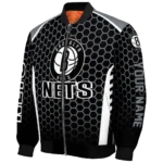 custom brooklyn nets hexagon grid black bomber jacket best selling