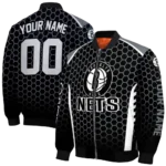 custom brooklyn nets hexagon grid black bomber jacket best selling
