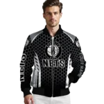 custom brooklyn nets hexagon grid black bomber jacket best selling