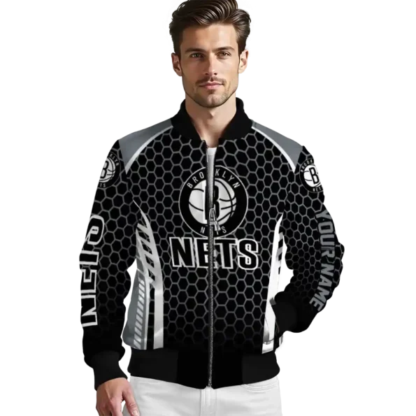 custom brooklyn nets hexagon grid black bomber jacket high quality