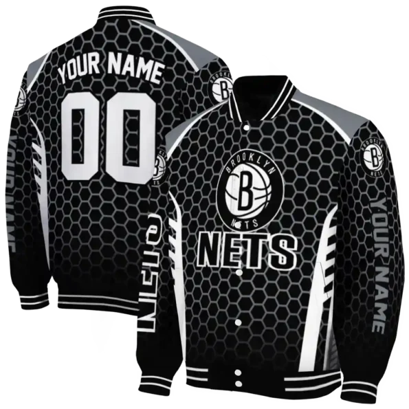 custom brooklyn nets hexagon grid black varsity jacket fashion forward.webp
