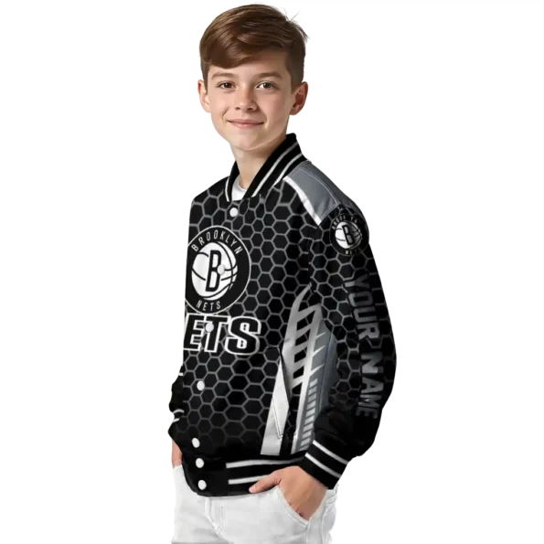 custom brooklyn nets hexagon grid black varsity jacket trendy.webp