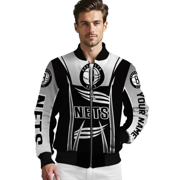 custom brooklyn nets mesh effect black bomber jacket high quality