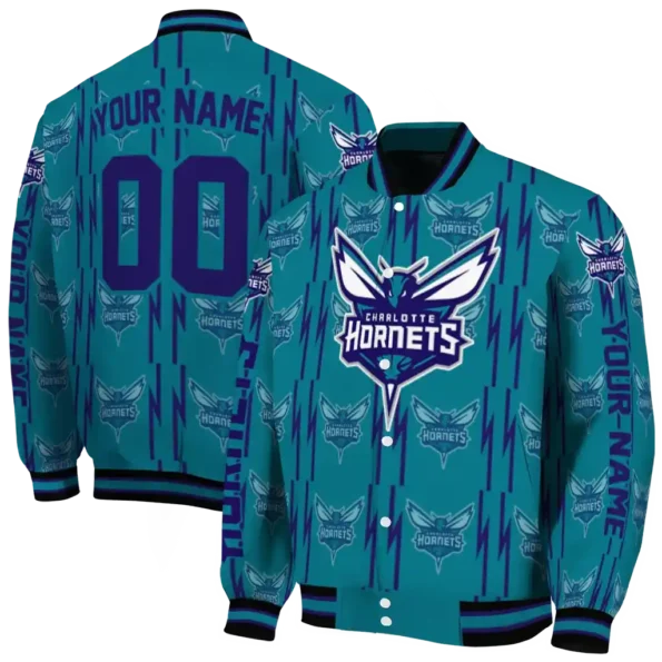 custom charlotte hornets bolt stripe teal varsity jacket fashion forward.webp