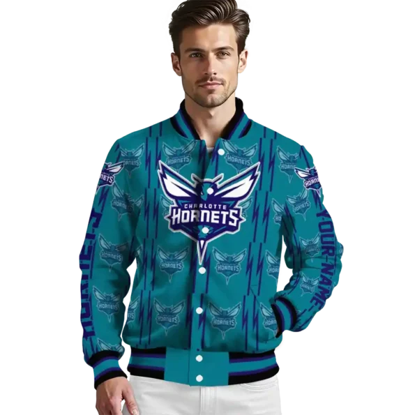 custom charlotte hornets bolt stripe teal varsity jacket high quality.webp