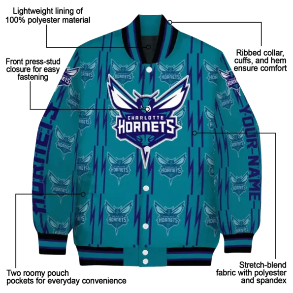custom charlotte hornets bolt stripe teal varsity jacket new arrival.webp