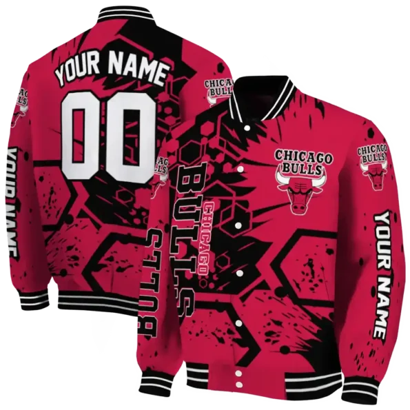 custom chicago bulls hexagon cluster red black varsity jacket fashion forward.webp