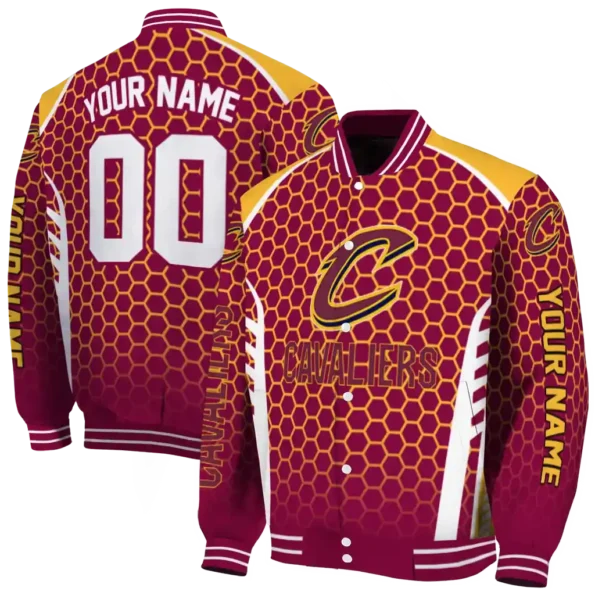 custom cleveland cavaliers hexagon grid wine varsity jacket fashion forward.webp