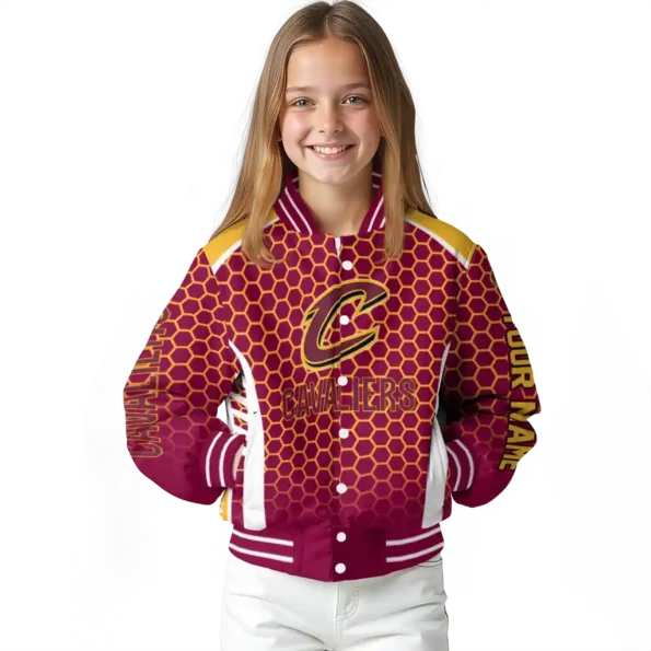 custom cleveland cavaliers hexagon grid wine varsity jacket top rated.webp