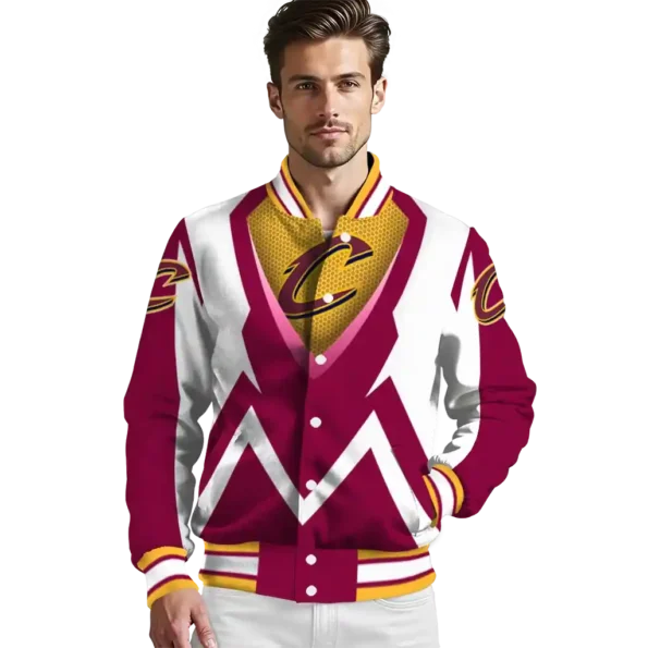 custom cleveland cavaliers v stripes wine white varsity jacket high quality.webp