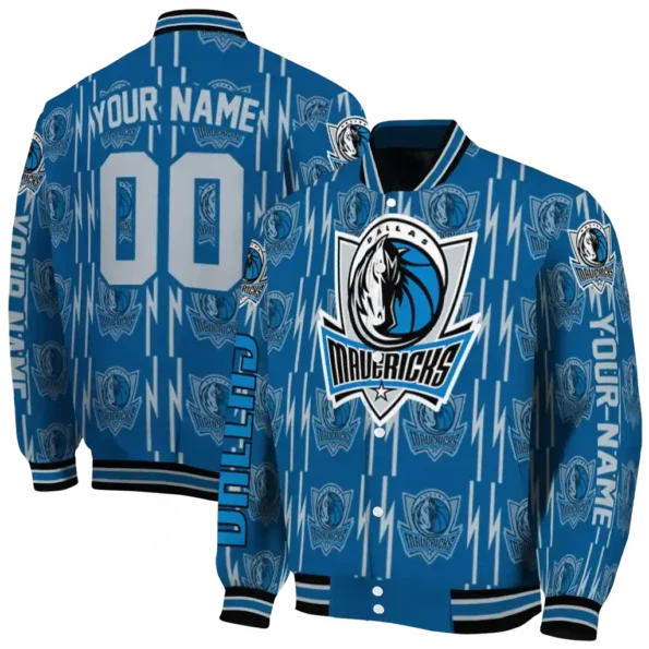 custom dallas mavericks bolt stripe blue varsity jacket fashion forward.webp