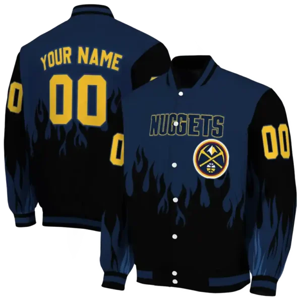 custom denver nuggets flame border blue black varsity jacket fashion forward.webp
