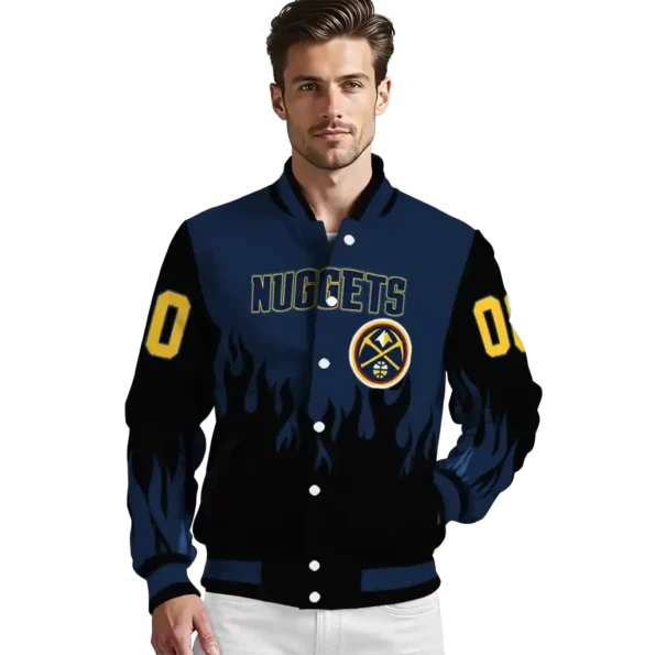 custom denver nuggets flame border blue black varsity jacket high quality.webp