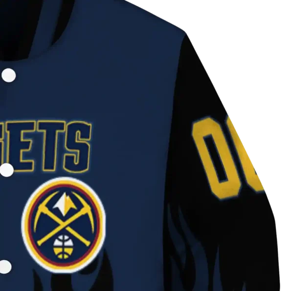 custom denver nuggets flame border blue black varsity jacket premium grade.webp