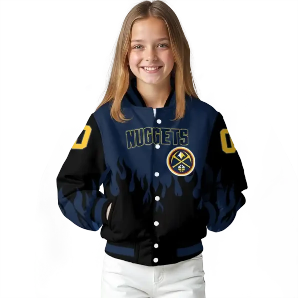 custom denver nuggets flame border blue black varsity jacket top rated.webp