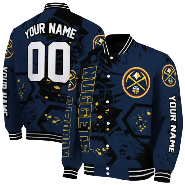custom denver nuggets hexagon cluster blue black varsity jacket fashion forward.webp