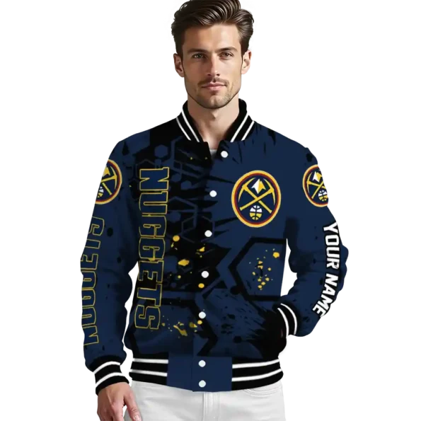 custom denver nuggets hexagon cluster blue black varsity jacket high quality.webp