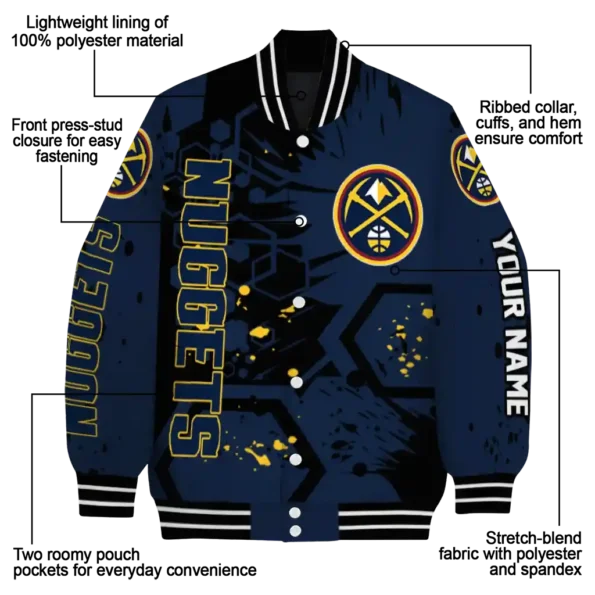 custom denver nuggets hexagon cluster blue black varsity jacket new arrival.webp