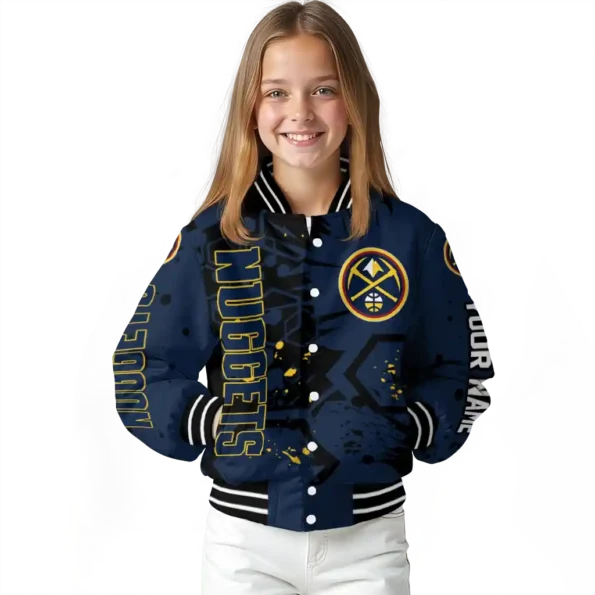 custom denver nuggets hexagon cluster blue black varsity jacket top rated.webp