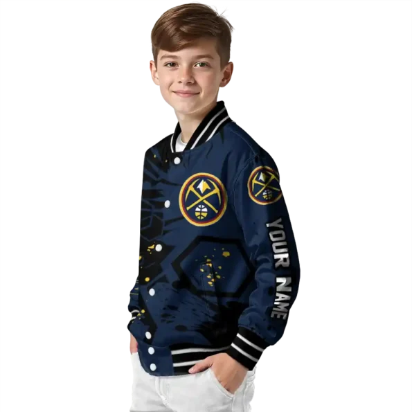 custom denver nuggets hexagon cluster blue black varsity jacket trendy.webp