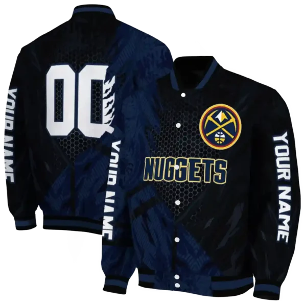 custom denver nuggets hexagon mesh blue black varsity jacket fashion forward.webp