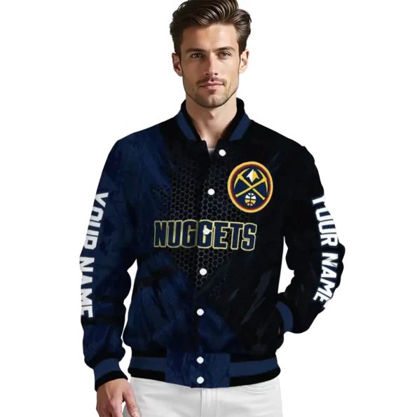 custom denver nuggets hexagon mesh blue black varsity jacket high quality.webp