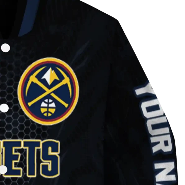 custom denver nuggets hexagon mesh blue black varsity jacket premium grade.webp