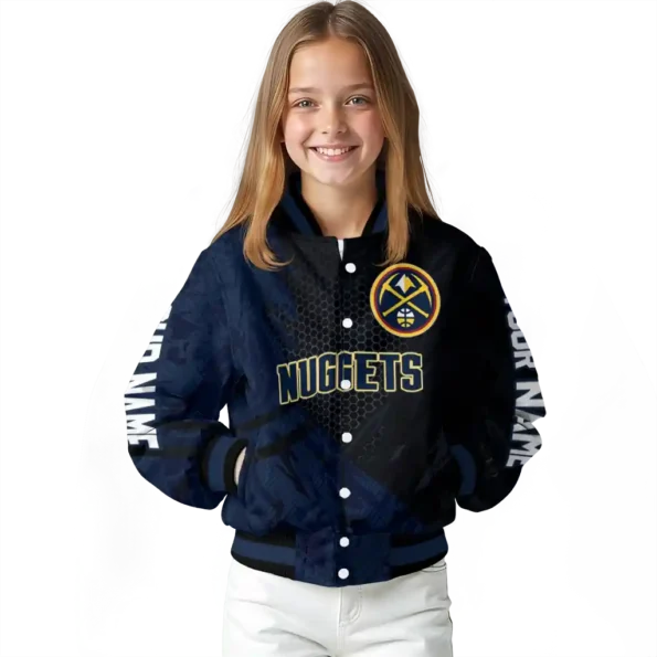 custom denver nuggets hexagon mesh blue black varsity jacket top rated.webp