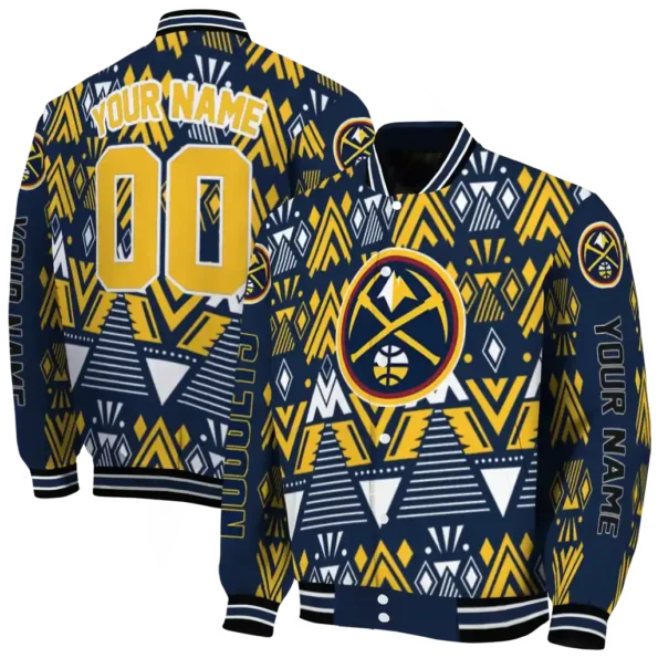 custom denver nuggets pyramid shapes blue varsity jacket fashion forward.webp