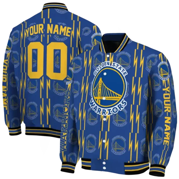 custom golden state warriors bolt stripe blue varsity jacket fashion forward.webp