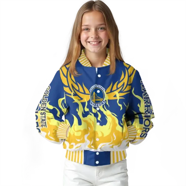 custom golden state warriors winged blaze blue white varsity jacket top rated.webp