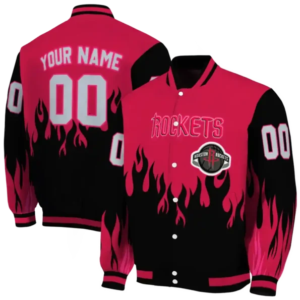 custom houston rockets flame border red black varsity jacket fashion forward.webp
