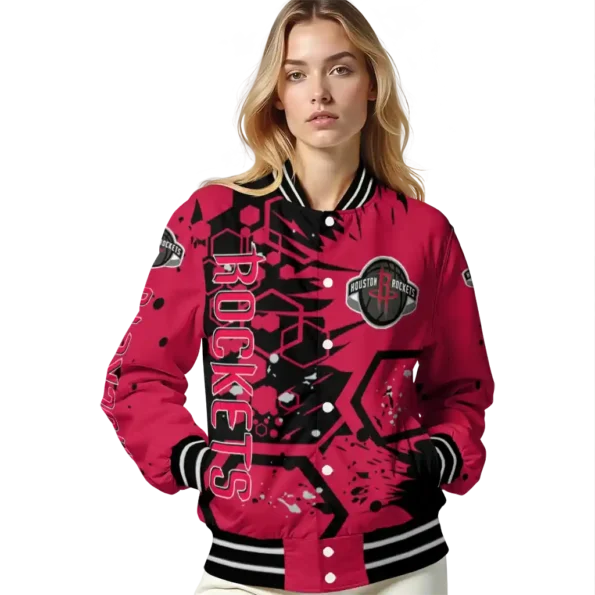 custom houston rockets hexagon cluster red black varsity jacket latest model.webp