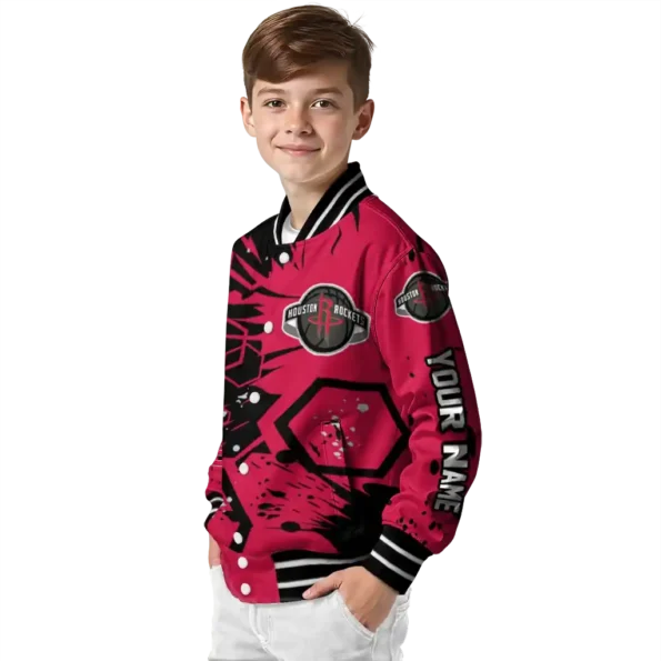 custom houston rockets hexagon cluster red black varsity jacket trendy.webp