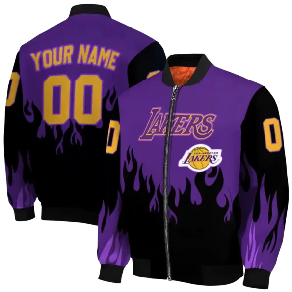 custom los angeles lakers flame border purple black bomber jacket fashion forward