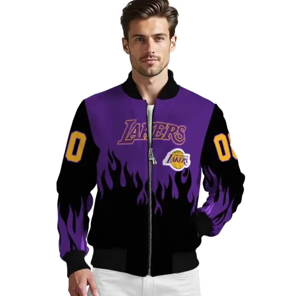 custom los angeles lakers flame border purple black bomber jacket high quality