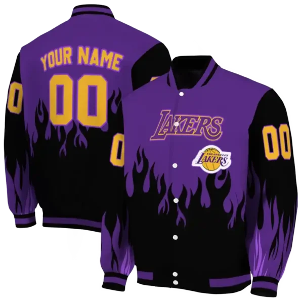 custom los angeles lakers flame border purple black varsity jacket fashion forward.webp
