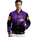 custom los angeles lakers flame border purple black varsity jacket best selling.webp