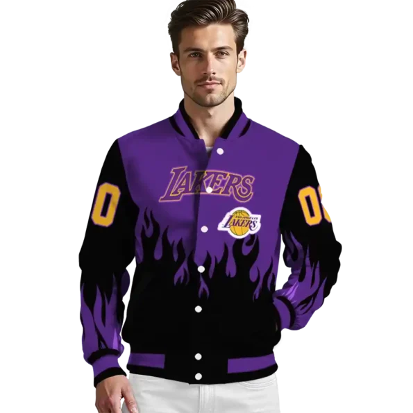 custom los angeles lakers flame border purple black varsity jacket high quality.webp
