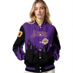 custom los angeles lakers flame border purple black varsity jacket best selling.webp