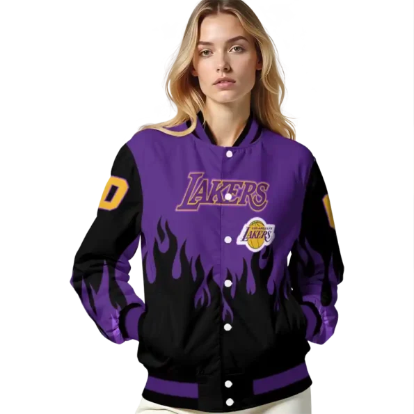custom los angeles lakers flame border purple black varsity jacket latest model.webp